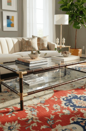 MESA RATONA FALSO BAMBU Y BRONCE DOBLE PLANO CON VITREA. COD: 85503
