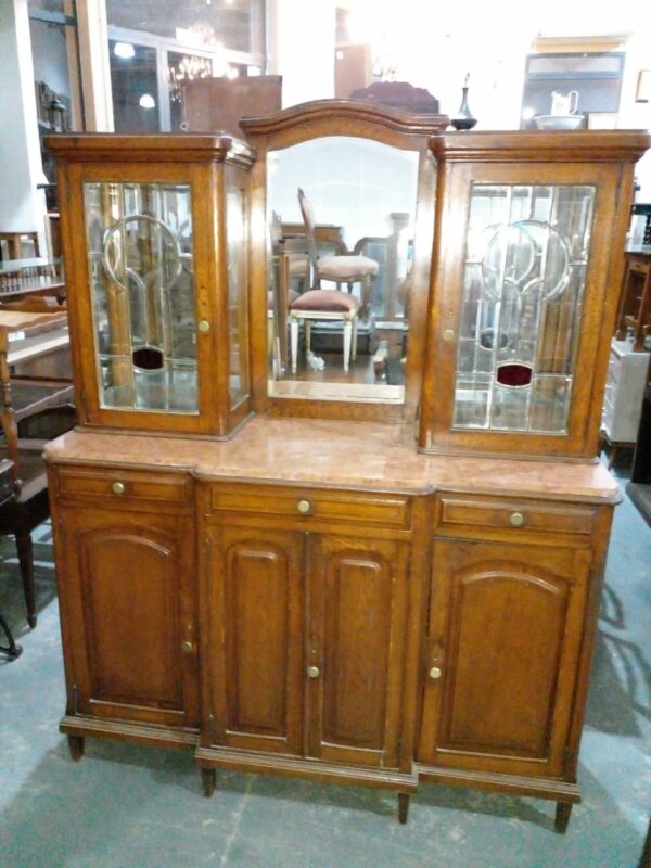 APARADOR ANTIGUO DE ROBLE CON MARMOL Y ALZADA VITRINA. COD: 88101