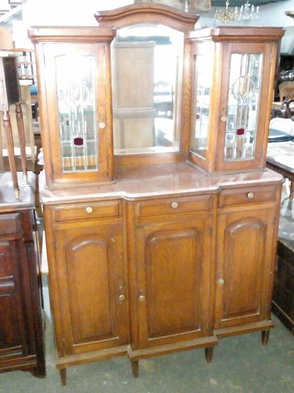 APARADOR ANTIGUO DE ROBLE CON MARMOL Y ALZADA VITREAUX. COD: 88102
