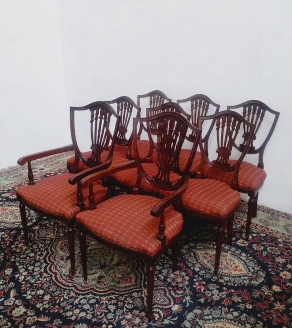 JUEGO DE 6 SILLAS Y 2 SILLONES DE CABECERA ESTILO INGLES SHERATON. COD: 95103