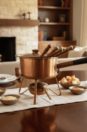 CAQUELON DE COBRE PARA FONDUE CON UTENSILIOS - OFERTA. COD: 96101