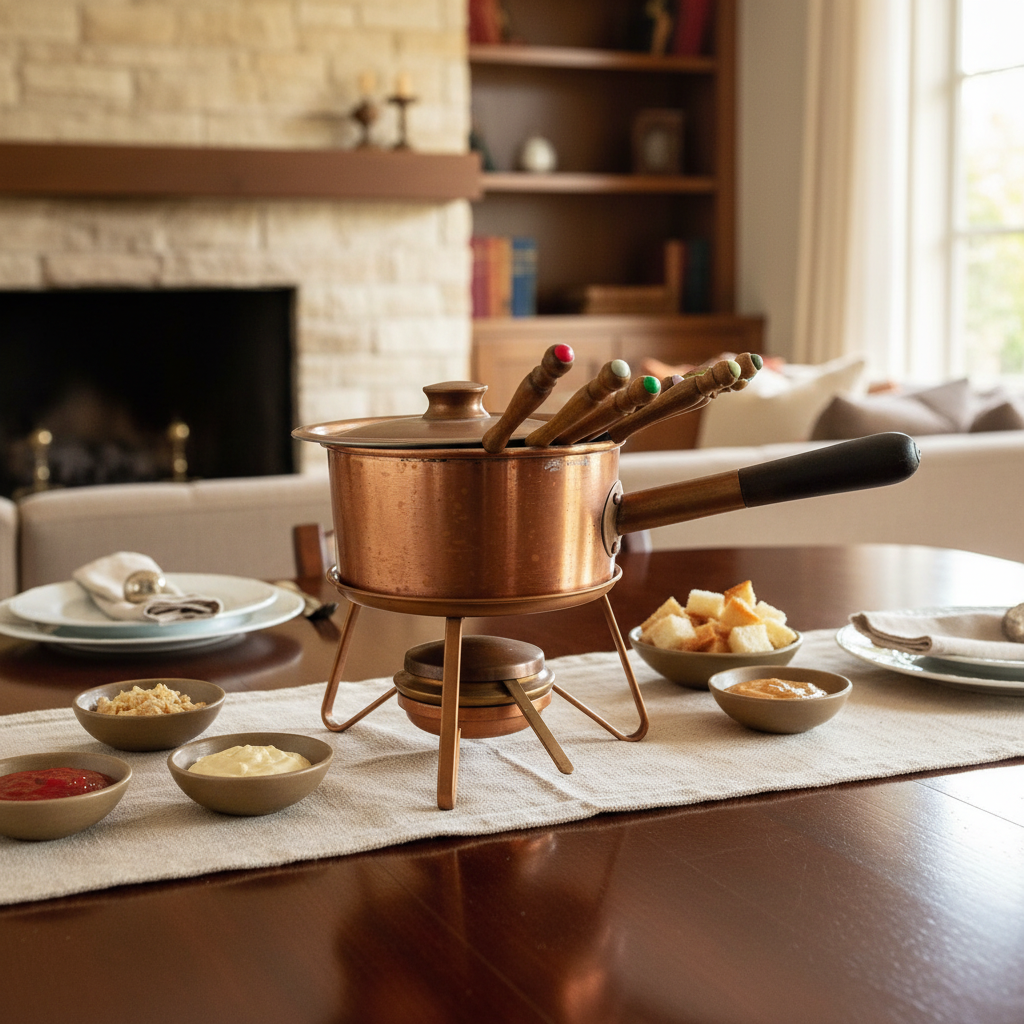 CAQUELON DE COBRE PARA FONDUE CON UTENSILIOS - OFERTA. COD: 96101