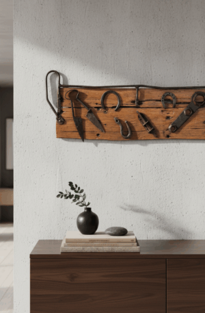 ADORNO DE COLGAR EN MADERA CON HERRAMIENTAS DE CAMPO ANTIGUAS. COD: 96801