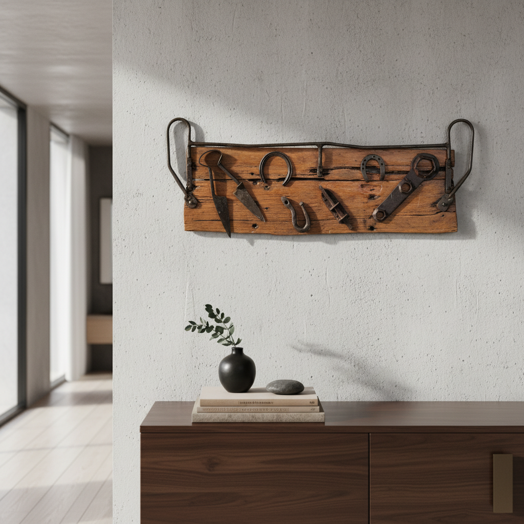 ADORNO DE COLGAR EN MADERA CON HERRAMIENTAS DE CAMPO ANTIGUAS. COD: 96801