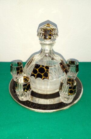 JUEGO DE LICORERA ART DECO CRISTAL FRANCES CON COPITAS Y PRESENTOISE. COD: 97407