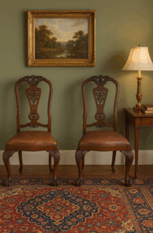 SILLA DE COMEDOR ESTILO INGLES CHIPPENDALE EN NOGAL ITALIANO TALLADAS. COD: 100401