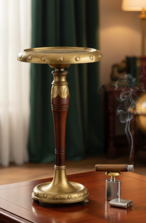 CENICERO DE PIE ART DECO MADE IN GERMANY DECADA DEL 40 EN LATON Y CAOBA. COD: 101806