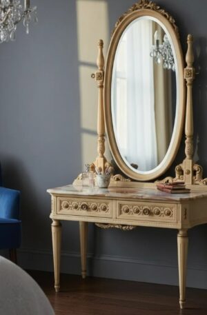 MUEBLE TOCADOR ESTILO FRANCES LUIS XVI TOILETTE CON ESPEJO OVAL Y MARMOL. COD: 96513 A