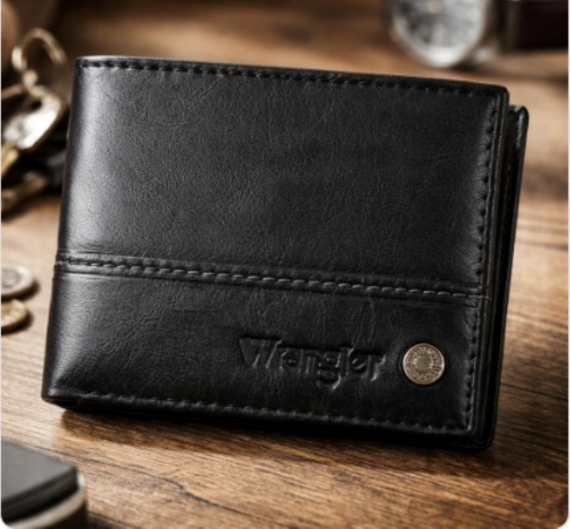 BILLETERA WRANGLER DE CUERO NEGRO CON PESPUNTE. PROTECCION RFID. COD: WR14