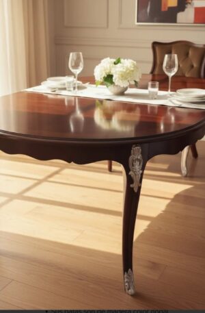 MESA DE COMEDOR ESTILO FRANCES LUIS XV RAIZ DE NOGAL Y BRONCERIA. COD: 102309