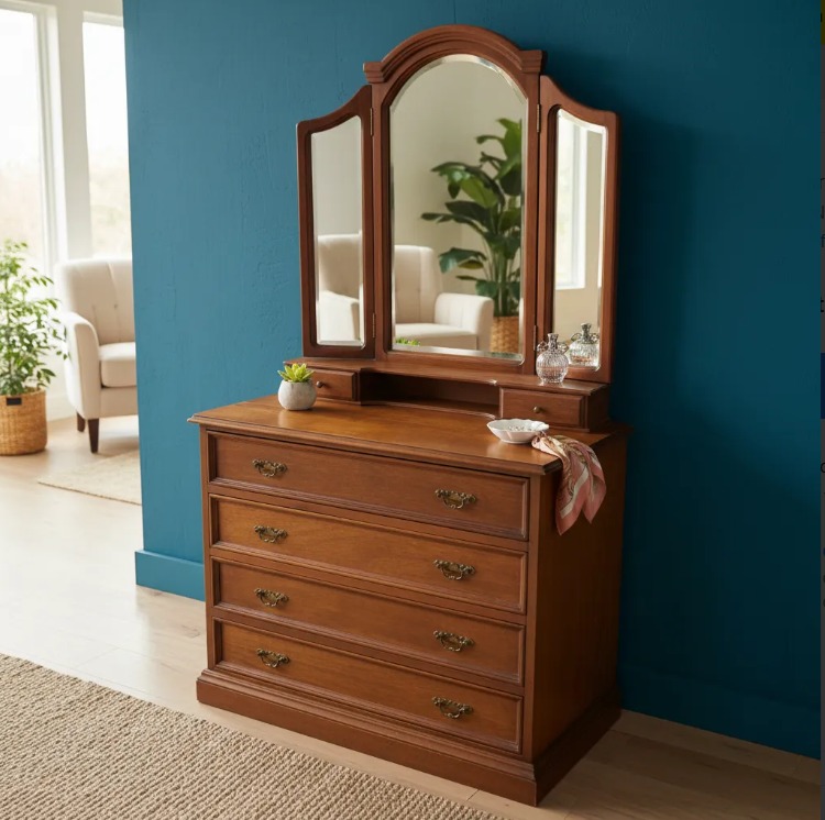 COMODA DE ROBLE CEREJEIRA CON ESPEJO TRIPTICO Y SECRETER. COD: 103502