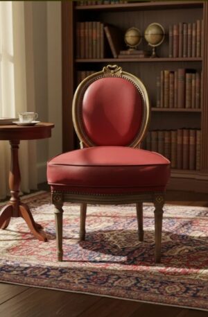 SILLA DE DORMITORIO ESTILO FRANCES LUIS XVI TAPIZADA EN CUERO ROJO BURDEOS. COD: 105902