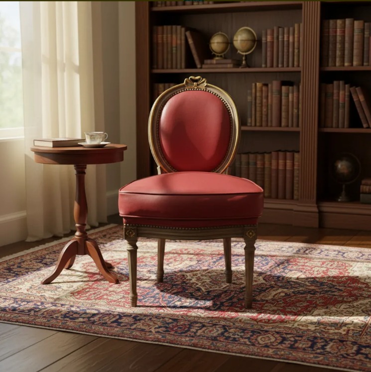 SILLA DE DORMITORIO ESTILO FRANCES LUIS XVI TAPIZADA EN CUERO ROJO BURDEOS. COD: 105902