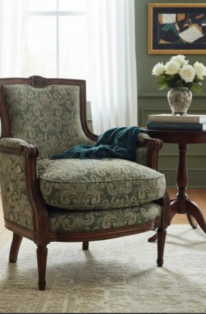 SILLON UN CUERPO FRANCES LUIS XVI TAPIZADO JACQUARD ARABESCOS. COD: 105903