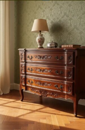 COMODA ANTIGUA ESTILO FRANCES PROVENZAL EN ROBLE TALLADO 3 CAJONES. COD: 106301