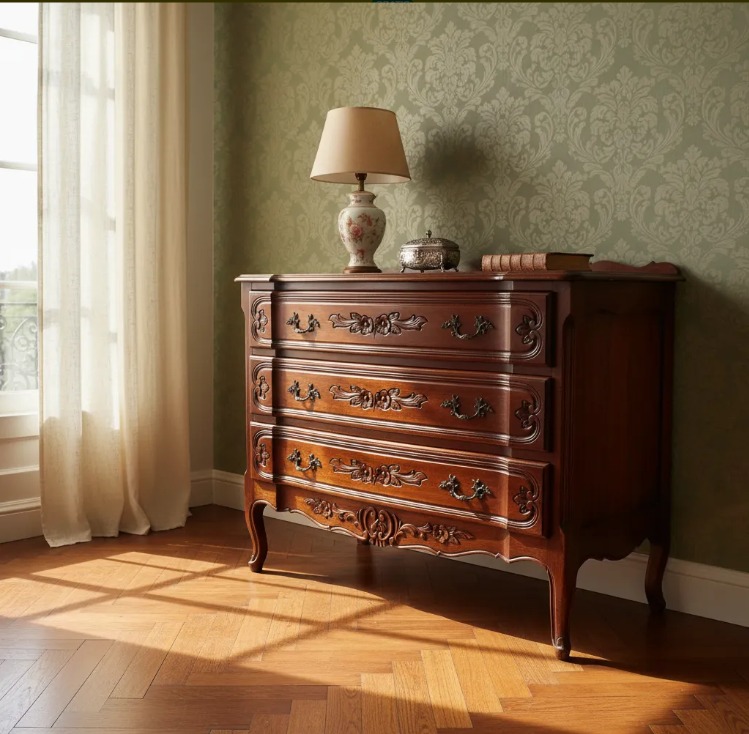 COMODA ANTIGUA ESTILO FRANCES PROVENZAL EN ROBLE TALLADO 3 CAJONES. COD: 106301