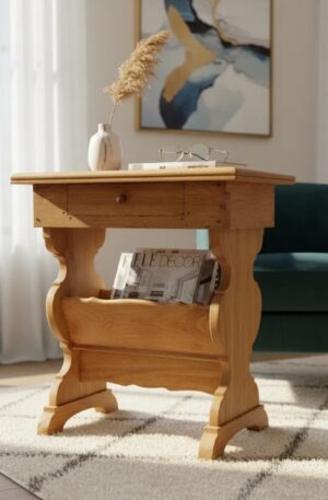 MESA DE SALA CON REVISTERO EN ROBLE LAVADO ESTILO PROVENZAL TALLADO. COD: 104918