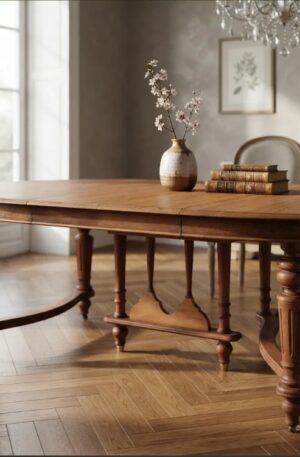 MESA DE COMEDOR ESTILO INGLES EN CEDRO CON TRES TABLAS DE ALARGUE Y PATA LIRA. COD: 105301