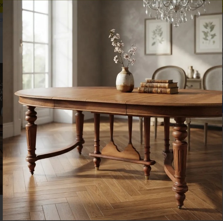 MESA DE COMEDOR ESTILO INGLES EN CEDRO CON TRES TABLAS DE ALARGUE Y PATA LIRA. COD: 105301