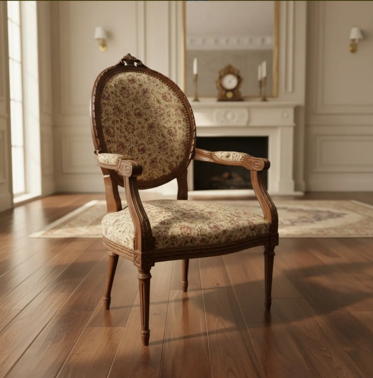 SILLON DE SALA O DORMITORIO ESTILO FRANCES LUIS XVI RESPALDO MEDALLON. COD: 105608