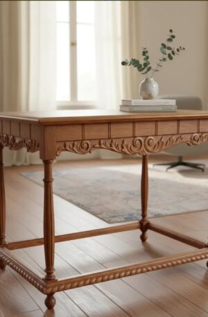 MESA DE SALA ANTIGUA EN ROBLE TALLADO MESA DE ARRIME ROBLE LAVADO. COD: 105707