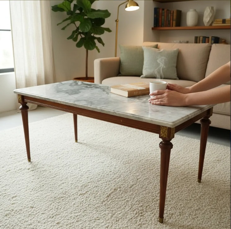 MESA DE SALA ANTIGUA ESTILO FRANCES CON MARMOL MESA RATONA LUIS XVI. COD: 105719