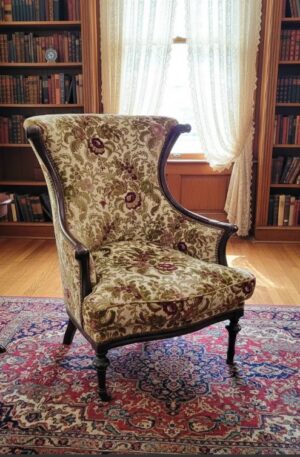 SILLON ANTIGUO ESTILO VICTORIANO TAPIZADO EN BROCATO IDEAL SALA O DORMITORIO. COD: 106514