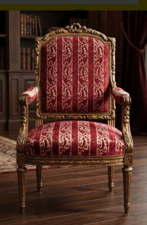 SILLON ANTIGUO ESTILO FRANCES LUIS XVI DORADO Y TAPIZADO DAMASCO. COD: 106603