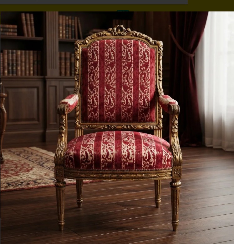 SILLON ANTIGUO ESTILO FRANCES LUIS XVI DORADO Y TAPIZADO DAMASCO. COD: 106603
