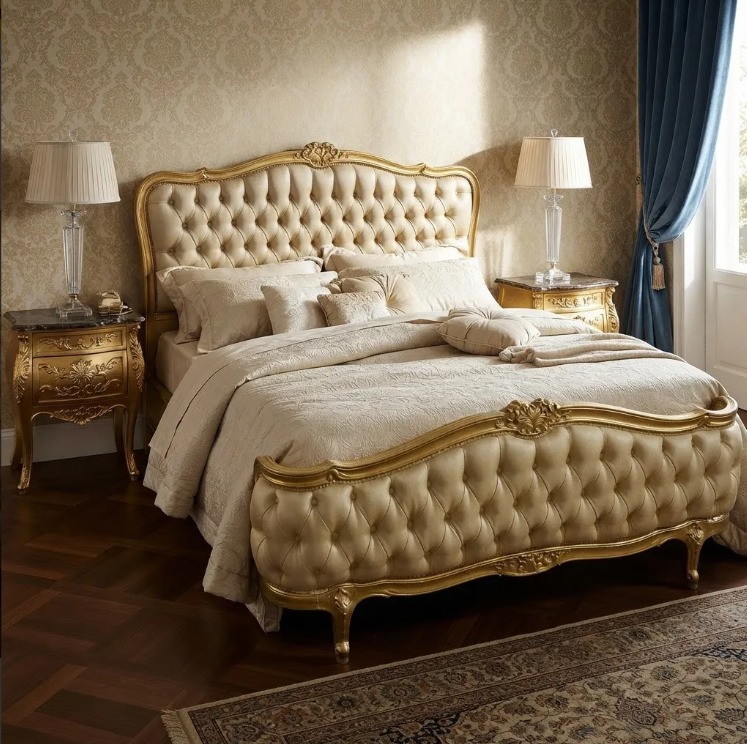 CAMA ANTIGUA DE DOS PLAZAS ESTILO FRANCES LUIS XV RESPALDO CAPITONN´EN CUERO. COD: 91017
