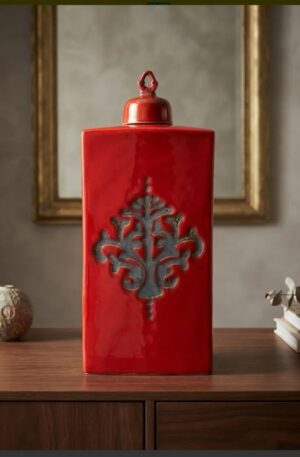 BOTELLON VINTAGE ORIENTAL CERAMICA ESMALTADA ROJO INTENSO. COD: 107209