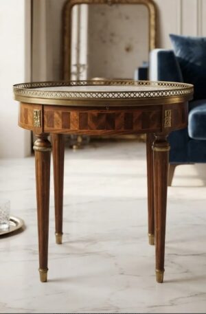 MESA DE SALA ANTIGUA ESTILO FRANCES LUIS XVI CON MARMOL Y BRONCERIA. COD: 107822