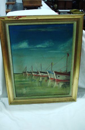 CUADRO MARIO DE BENEDETTI BARCOS AMARRADOS OLEO. COD: 65306