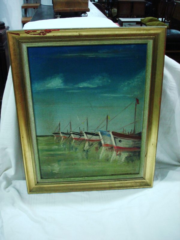 CUADRO MARIO DE BENEDETTI BARCOS AMARRADOS OLEO. COD: 65306