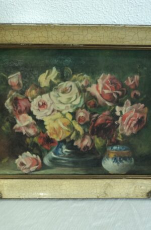 CUADRO ANTIGUO FLORAL OLEO SOBRE TELA MARCO FRANCES. COD: 81010