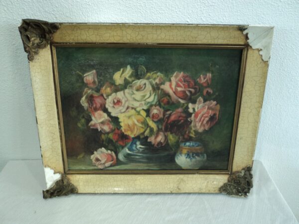 CUADRO ANTIGUO FLORAL OLEO SOBRE TELA MARCO FRANCES. COD: 81010