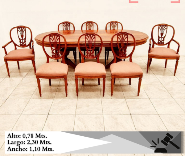 JUEGO DE COMEDOR INGLES SHERATON PLUMA DE CAOBA 9 PIEZAS. COD: 87001