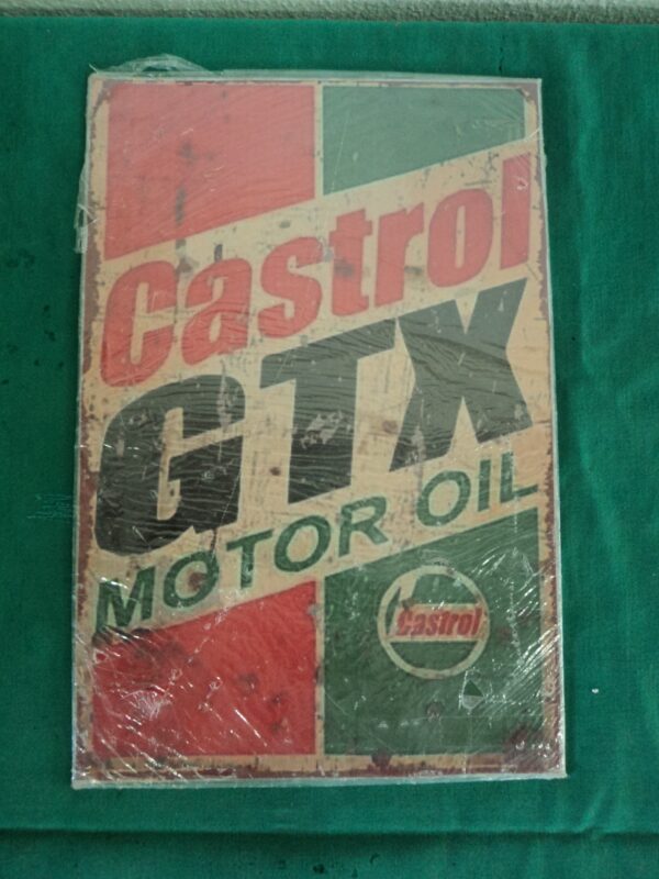 CARTEL VINTAGE PLOTEADO SOBRE GALVANIZADO CASTROL MOTOR OIL. COD: 31008